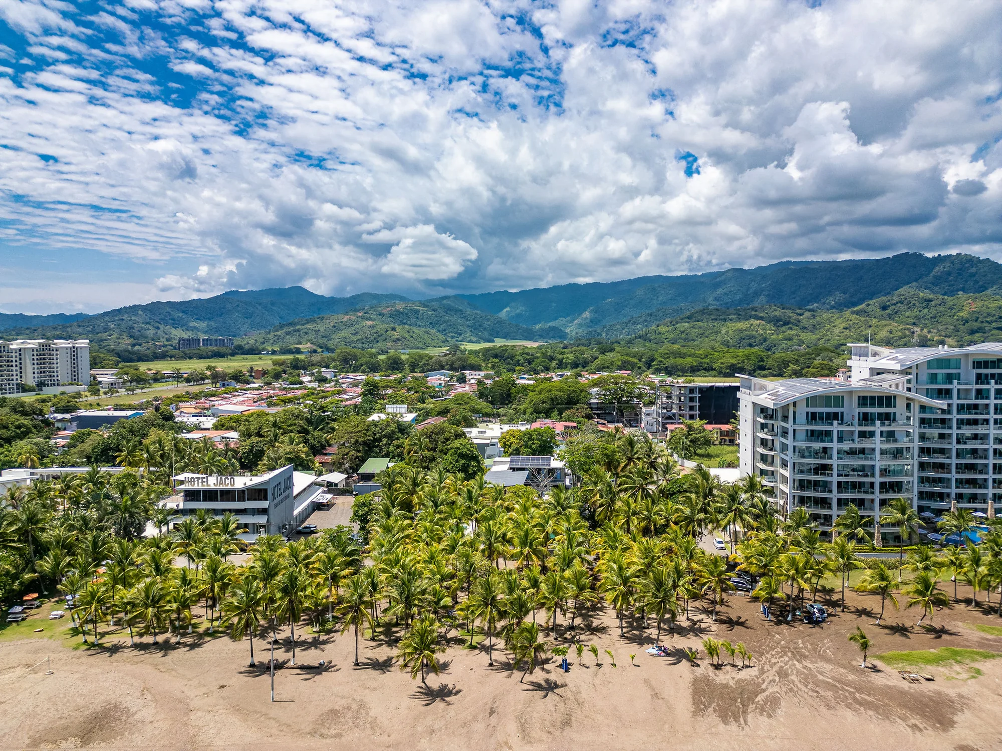 Aerial of Jaco beach and the coastal mountains