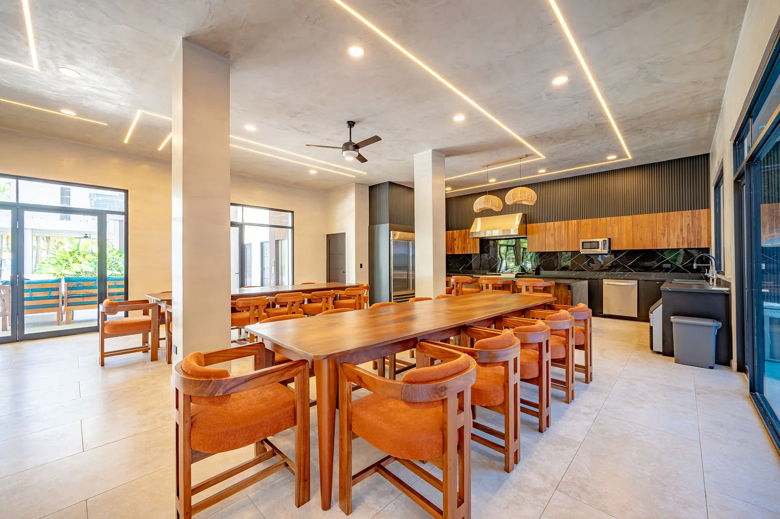Dining hall alongside the open kitchen at Casa Las Palmas